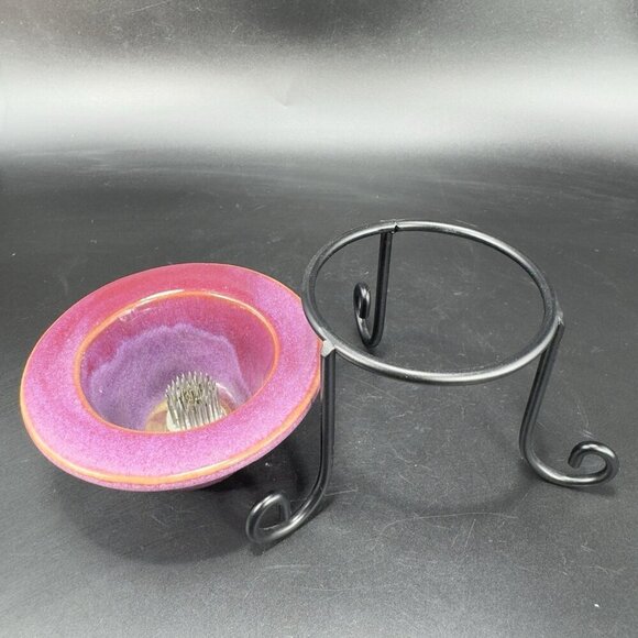 Contemporary Purple Glaze Ceramic Flower Frog On A Black Metal Holder Decorative - Picture 9 of 12